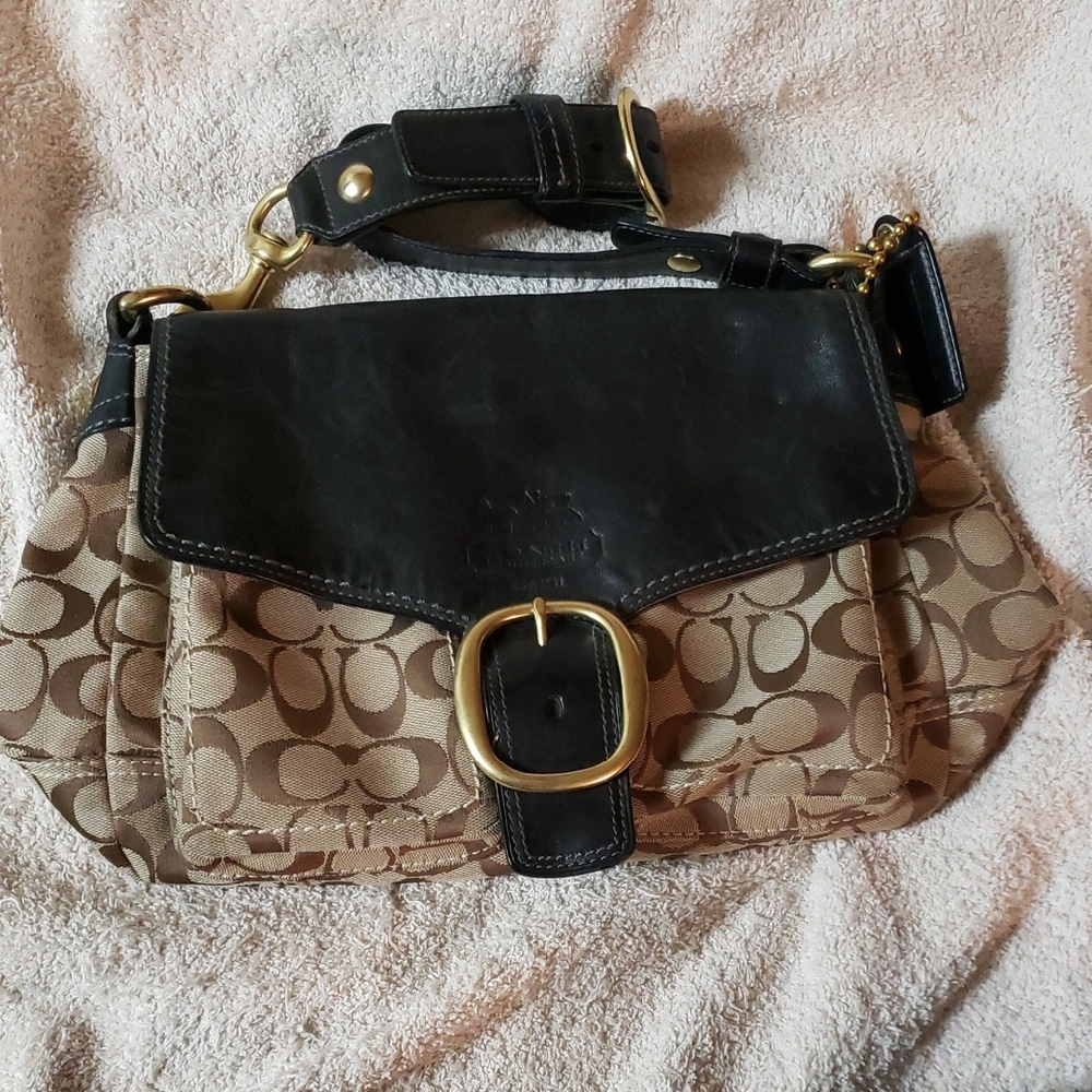 Coach Tan and Black Signature Shoulder Bag